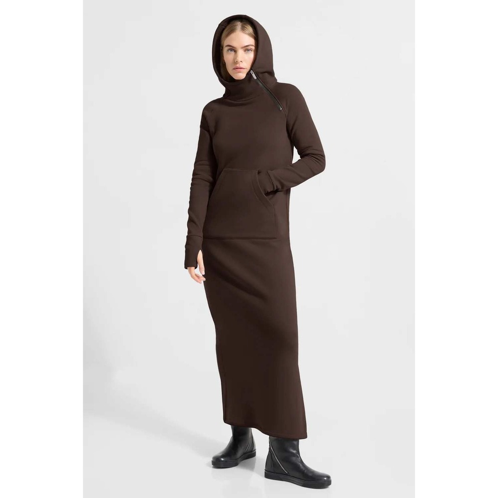 Marcella NYC Brown Asymmetric Zip Hoodie Maxi Dress Thumbhole Fleece L